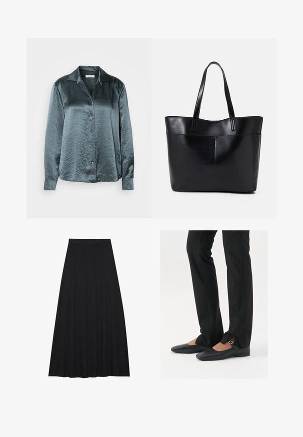 Temno zeleni satenast dolg rokav s ovratnikom, gumbi spredaj, gladka tekstura in rahel sijaj, z obseženimi petimi gumbi in manšeti na rokavih.; Črna maksi krila iz mehkega, tekočega materiala. Ima elastičen pas in polno A-linijsko silhueto z gladko teksturo.; Črne usnjene balerinke s koničastim nosom, trak z srebrno zaponko, v kombinaciji s črnimi elegantnimi hlačami z razporkom na robu.; Črna usnjena torba z dvema dolgima ročajema, gladko teksturo in strukturirano obliko. Ima sprednji žep za dodatno shranjevanje.; Srebrni obroči za ušesa z gladko, polirano površino. Okrogla oblika in varna zaponka s klikom. Lahka zasnova, primerna za vsakodnevno nošenje.