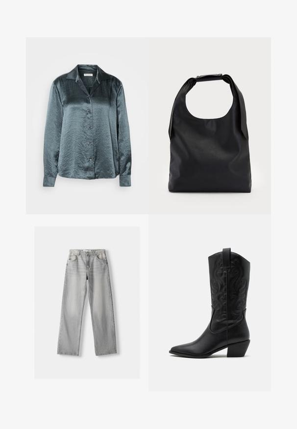 Ciemnozielona satynowa koszula z długim rękawem z kołnierzykiem, z zapięciem na guziki z przodu, o gładkiej fakturze i lekkim połysku, z pięcioma guzikami i mankietami.; Jasnoszare dżinsy z prostymi nogawkami, wyposażone w dwie przednie kieszenie, z zapięciem na guzik i delikatnym przyciemnieniem dla uzyskania tekstury.; Czarne skórzane kowbojki z szpiczastym noskiem, z embosowanymi spiralnymi wzorami i średnim obcasem. Posiadają pętelkę do łatwego zakładania.; Czarna skórzana torba hobo z pojedynczym, miękkim, zaokrąglonym uchwytem; charakteryzuje się gładką teksturą i minimalistycznym designem. Brak widocznych elementów metalowych lub akcentów.