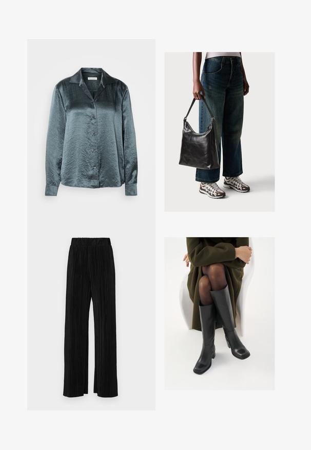 Tamsiai žalias satino ilgomis rankovėmis marškiniai su apykakle, mygtukų užsegimu priekyje, lygiu paviršiumi ir lengvu blizgesiu, turintys penkis mygtukus ir rankogaliais.; Juodi plisuoti kelnės su elastine juosta. Turėkite plačias kojas ir glotnų, tekstūrinį audinį su vertikaliais dryžiais.; Juodos odinės pradžios ilgio bateliai su kvadratu formos nosimi ir bloko kulnu, demonstruojami su modeliu, sėdinčiu alyvuogių žalios spalvos švarku. Lygi tekstūra, minimalus puošimas.; Juodas odinis peties krepšys su lygiu paviršiumi ir reguliuojama dirželiu, derinamas su nublukusiais plačiapurčiais džinsais ir sportiniais batais.
