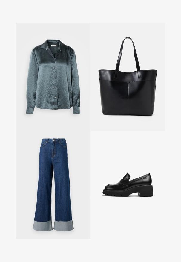 Tumši zili zaļš satīna garām piedurknēm krekls ar apkakli, pogu priekšpusi, gludu tekstūru un nelielu spīdumu, kurā ir piecas pogas un piedurknes ar aprocēm.; Platas kājas džinsu bikses tumši zilā krāsā ar kontrastējošu gaiši zilu apakšmalu un klasisku piecu kabatu dizainu.; Melnas ādas chunky papēža loafers ar biezu zoli un siksniņas detaļu pāri augšai, attēlots no sāna uz baltas fona.; Melnas ādas iepirkumu soma ar divām garām rokturām, gludu tekstūru un strukturētu formu. Iekļauj priekšējo kabatu papildu uzglabāšanai.; Sudraba riņķveida auss gredzeni ar gludu, pulētu apdari. Apaļa forma un drošs klikšķa augšējais slēgums. Viegls dizains, kas piemērots ikdienas valkāšanai.