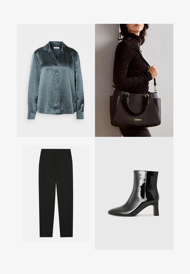 Tumman teal-sateeninen pitkähihainen paita, jossa on kaulus, napitettava etuosa, sileä rakenne ja kevyt kiilto. Paidassa on viisi nappia ja hihansuissa on cuffit.; Musta housut, joissa on räätälöity muotoilu, sivutaskut ja suora lahje. Valmistettu sileästä, kevyestä kankaasta, jossa on tyylikkäät pinnat.; Musta patenttilakattu nilkkuri, jossa on terävä kärki ja keskipitkä lohkarekorko. Silkkinen pinta ja minimalistinen muotoilu.; Musta käsilaukku, jossa on teksturoitu pinta, kaksi yläkantta ja säädettävä olkahihna. Varustettu kultasävyisillä varusteilla ja sivutaskuilla.