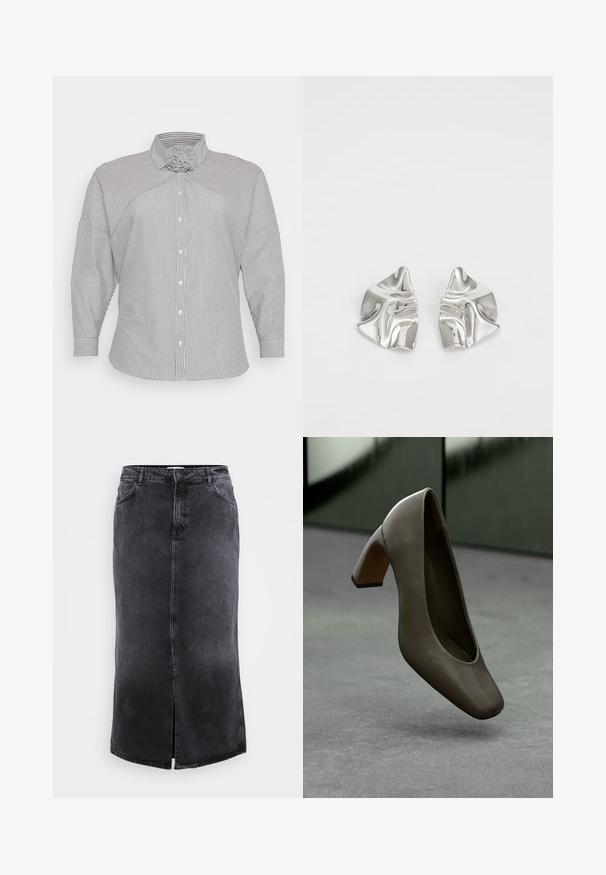 Blue and white striped long-sleeve shirt with a unique collar design and buttoned front. Features tapered cuffs and soft, textured fabric.; ONLY Carmakoma CARCILLA LONG SLIT SKIRT - Maxi skirt - washed black; Dark olive green leather high-heeled shoe with square toe and block heel, floating above a gray concrete floor with a blurred green background.; Silver metal earrings with a wavy, sculptural design featuring a polished finish and irregular shapes, highlighting a contemporary aesthetic.