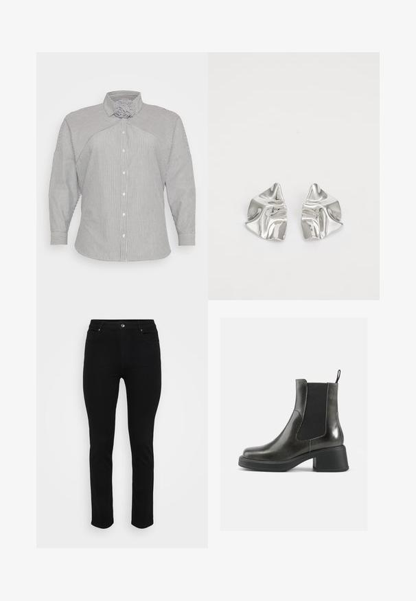 Plava i bijela prugasta košulja dugih rukava s jedinstvenim dizajnom ovratnika i dugmadima sprijeda. Ima uske manžete i meku, teksturiranu tkaninu.; Crne traperice od denima slim fit kroja, s pet džepova, zatvaranjem na dugme sprijeda i blago rastezljivim materijalom za udobnost. Ravna, glatka tekstura s minimalnim ukrasima.; Crne kožne gležnjače s glatkom završnom obradom, elastičnim bočnim panelima i debelim potplatom. Imaju kuku za lakše obuvanje.; Srebrne metalne naušnice s valovitim, skulpturalnim dizajnom, naglašenim sjajnom završnom obradom i nepravilnim oblicima, što ističe suvremeni estetski izraz.