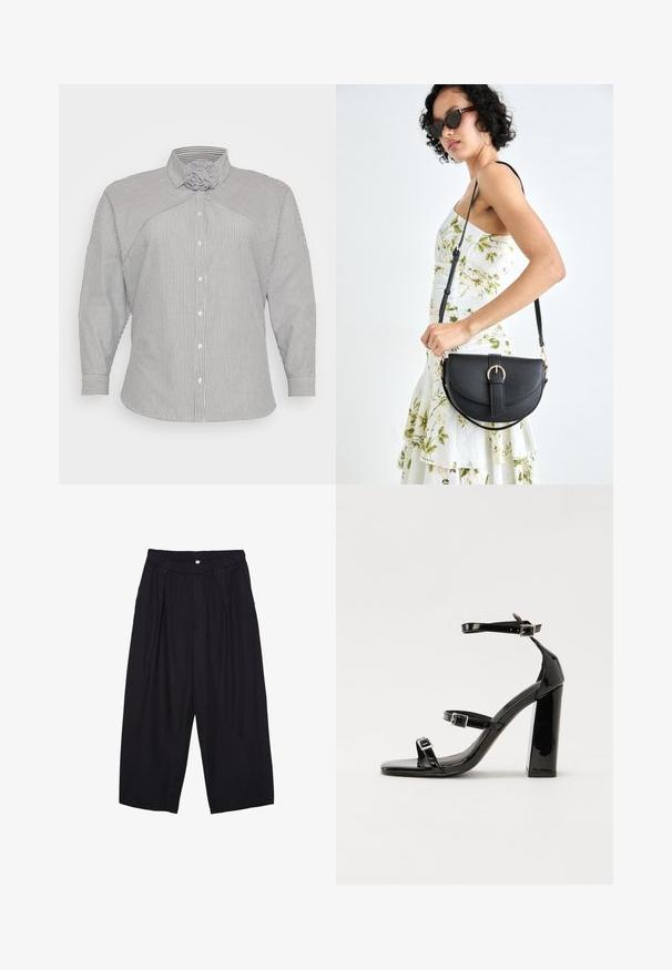 Blå och vit randig långärmad skjorta med en unik kragsdesign och knäppt fram. Har smala manschetter och mjukt, strukturerat tyg.; Svarta polyester culottbyxor med elastisk midja, två framfickor och en lös silhuett. Inga synliga mönster eller hårdvarudetaljer.; Svarta lackerade högklackade sandaler med två spännband, fyrkantig tå och en tjock klack, med en slät och glansig yta.; Svart läderhandväska med en böjd form, avtagbar rem och guldiga detaljer. Väskan har ett lock med en spänndetalj.