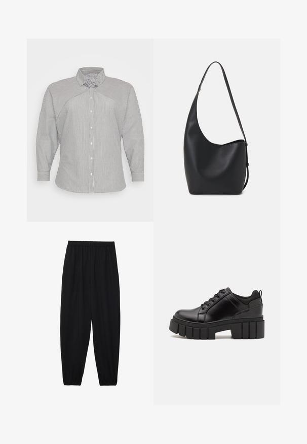 Plava i bijela prugasta košulja dugih rukava s jedinstvenim dizajnom ovratnika i dugmadima sprijeda. Ima uske manžete i meku, teksturiranu tkaninu.; Crne, lagane hlače s elastičnom stražnjom pasicom i naboranim gležnjevima. Tkanina je glatka i ima opušteni, suženi dizajn.; Crne kožne platforme s debelim blok-peta, okruglim prstima i klasičnim dizajnom vezanja. Imaju gladak tekstur i minimalne detalje.; Crna kožna hobo torba s glatkom teksturom, zakrivljenim oblikom i jednom podesivom trakicom; ima širok otvor na vrhu.