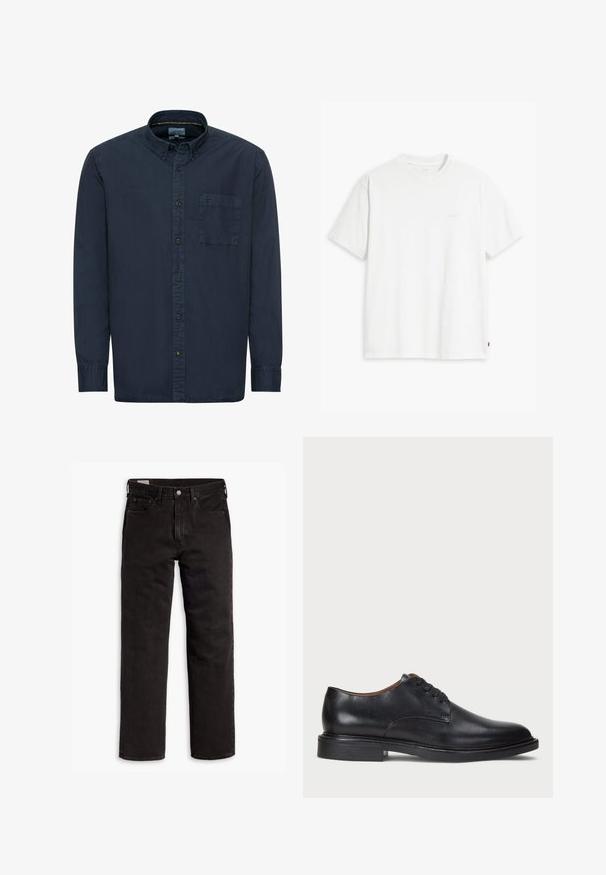 Marineblauwe button-up shirt van katoen. Voorzien van een standaardkraag, lange mouwen, een enkele borstzak en subtiele stiksels.; Witte katoenen T-shirt met korte mouwen, ronde hals en subtiele Levi's logo gedrukt in het midden. Zachte textuur en standaard pasvorm.; Zwarte recht gesneden denim jeans met vijf zakken, knoopsluiting en riemlussen, plat gelegd op een witte achtergrond.; Zwart leren dresschoen met een ronde neus, vetersluiting en een lage gestapelde hak. Gladde textuur met minimale stiksels.
