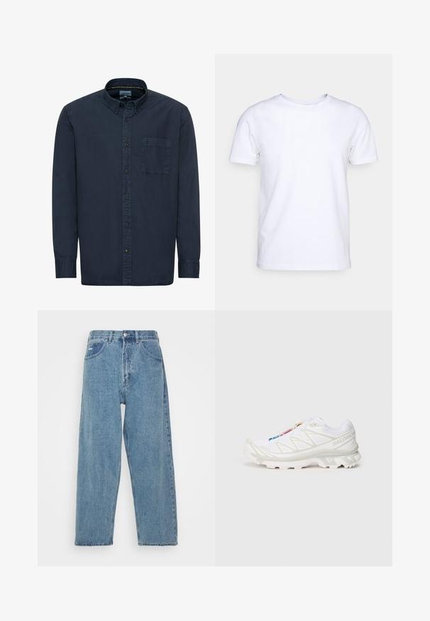 Marineblauwe button-up shirt van katoen. Voorzien van een standaardkraag, lange mouwen, een enkele borstzak en subtiele stiksels.; Witte katoenen t-shirt met korte mouwen en een ronde hals. Eenvoudig ontwerp zonder patronen of accenten. Glad textuur.; Lichtblauwe denim jeans met een hoge taille, ontspannen pasvorm, met twee zijzakken, een achterzak met patch en een knoopsluiting.; Witte sportieve schoen met een gestructureerde mesh bovenkant, reflecterende accenten en een gevoerde zool. Opvallend merklogo aan de zijkant.