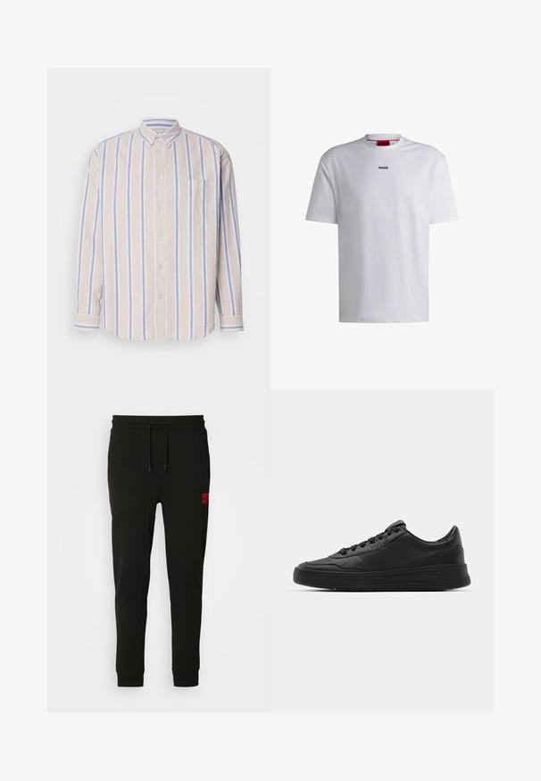 Overhemd met knopen in zachte katoen, met verticale beige en lichtblauwe strepen, lange mouwen en een enkele borstzak.; Witte katoenen t-shirt met korte mouwen, ronde halslijn en een zwart "HUGO" logo op de borst. Gladde textuur, casual pasvorm, geen patronen.; Zwarte sweatpants van zacht stof, met een koord in de taille, een slim fit en een rood logopatch op de linker dij.; Zwarte sneaker met een glad leren bovenwerk, ronde neus, platte veters, gewatteerde kraag en minimalistisch design. Rubberen zool met een subtiel profiel.