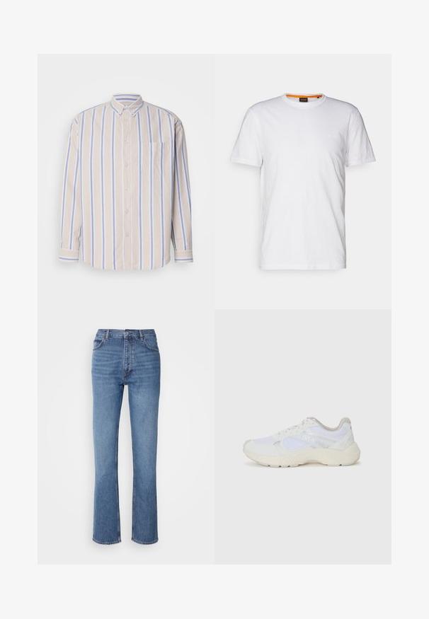 Overhemd met knopen in zachte katoen, met verticale beige en lichtblauwe strepen, lange mouwen en een enkele borstzak.; Witte katoenen T-shirt met ronde hals, korte mouwen en een subtiel reliëflogo op de borst. Het binnenlabel heeft een oranje accent.; Blauwe denim jeans met een hoge taille, een recht pasvorm en subtiele vervaging. Kenmerkt zich door de klassieke vijf-pocketstijl en een ritssluiting.; Witte sportief schoenen van mesh en suede, met een gestructureerde tussenzool, gestructureerde accenten en het "HUGO" logo aan de zijkant.