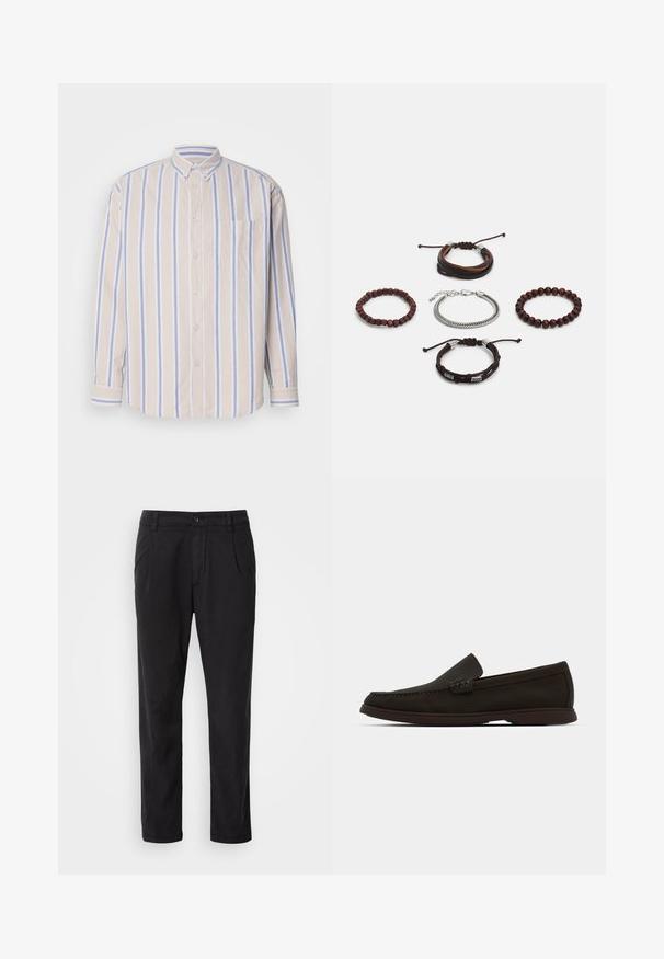 Camicia a bottoni in morbido cotone, presenta righe verticali beige e azzurro chiaro, maniche lunghe e una tasca sul petto.; Pantaloni neri realizzati in tessuto liscio con un design a gamba dritta, pieghe frontali e chiusura con bottone in vita.; Mocassini slip-on in suede marrone scuro con punta cucita, suola in gomma a profilo basso e dettagli texturizzati sulla parte superiore.; Set di cinque bracciali caratterizzati da pelle marrone, perline di legno e una catena in argento; texture e forme variabili, con chiusure regolabili.