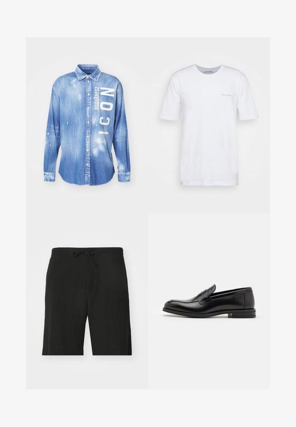 Šviesiai mėlynas džinsinis marškinis su priekiniais mygtukais, ilgomis rankovėmis, apykakle ir baltais spaudiniais "DSQUARED2 ICON" su dažų purslais.; Balti trumpas rankovėmis marškinėliai, pagaminti iš medvilnės, su apvaliu kaklu ir mažyčiu spausdintu logotipu kairėje pusėje. Lygus paviršius, kasdieniškas siluetas.; Juodi lininiai šortai su raišteliu juosmenyje, pasižymintys laisvu siluetu ir iki kelių besitęsiančiu dizainu. Lygus audinys, paprastas ir klasikinis stilius.; Juodos odinės loafers, turinčios lygų paviršių, apvalią noselę ir dekoratyvinę juostą per priekinę dalį. Žemas krentantis kulnas, minimalistinis dizainas.
