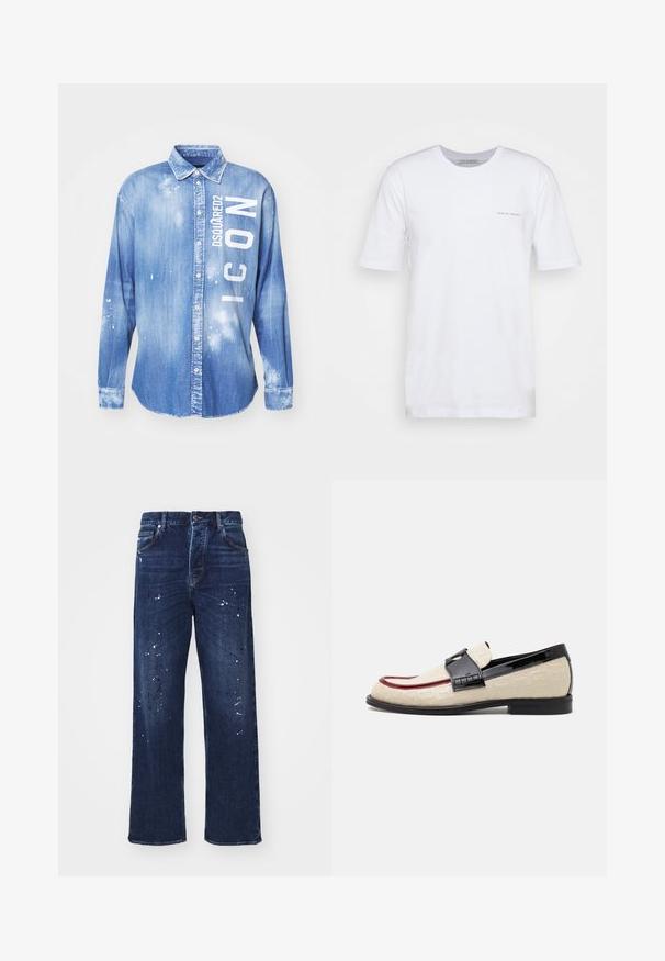Svetlomodrá denimová košeľa so zapínaním na gombíky vpredu, dlhými rukávmi, golierom a bielym potlačeným textom "DSQUARED2 ICON" s detailmi v tvare striekanej farby.; Biele tričko s krátkym rukávom vyrobené z bavlny, s okrúhlym výstrihom a malou potlačenou logom na ľavej strane. Hladká textúra, voľný strih.; Tmavomodré džínsy z denimu s voľným strihom, rovnými nohavicami a detailmi bielej farby v tvare škvrny na prednej strane. Klasický dizajn s piatimi vreckami.; Béžové mokasíny s embosovaným vzorom, červeným akcentom a lesklým čiernym podpätkom. Majú páskovo s detailom s prackou. Ploché čierne podrážky.