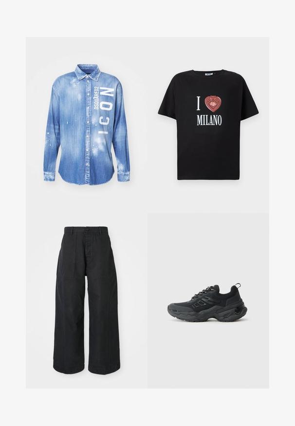 Lichtblauwe denimshirt met een voorknopsluiting, lange mouwen, een kraag en witte bedrukte tekst "DSQUARED2 ICON" met verfspetterdetails.; Zwarte katoenen t-shirt met korte mouwen, voorzien van een rood hartvormig ontwerp met de tekst "I ❤️ MILANO" en "Polly Pocket".; Zwarte wijde broek van canvasmateriaal met een knoopsluiting, voorzien van twee voorzakken en een ontspannen pasvorm.; Zwarte sportieve schoenen met een textuur van gaas aan de bovenkant, een robuuste rubberen zool en reflecterende accenten. Voorzien van dikke veters en een trekband aan de achterkant.