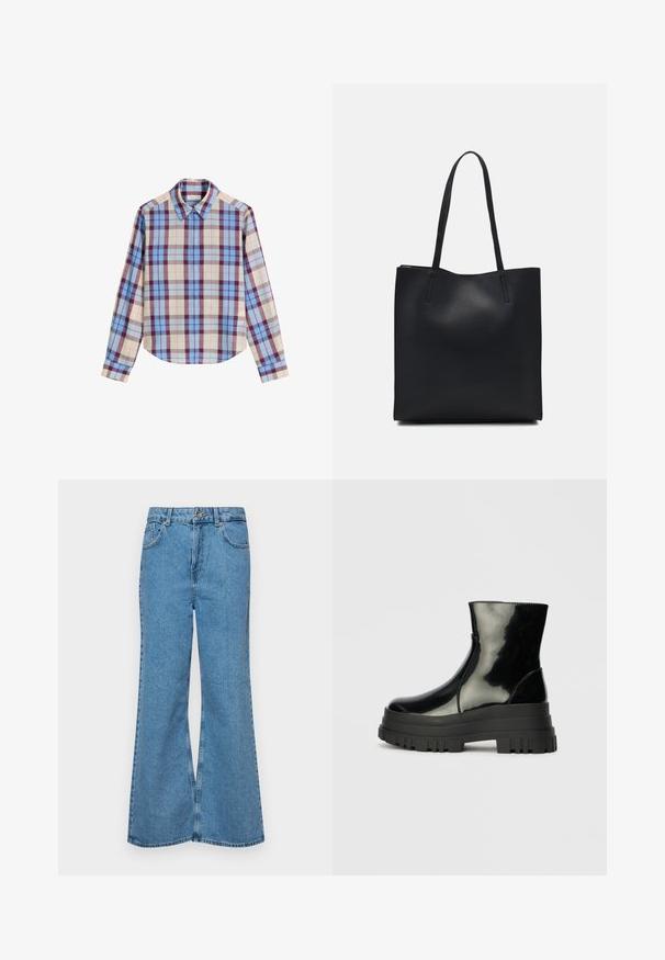 Langsleeve shirt met een meerkleurig ruitpatroon in tinten blauw, bordeaux en beige, gemaakt van een soepele stof. Klassieke kraag.; Lichtblauwe flared jeans van denim, met een hoge taille, vijf zakken en een enkele knoopsluiting. Zachte textuur met een vervaagde afwerking.; Zwarte glanzende enkelboot met dikke profielzool en ronde neus, zijaanzicht op een effen lichtgrijze achtergrond.; Zwarte leren handtas met een gladde textuur, rechthoekige vorm en twee lange handvaten. Geen zichtbare hardware of versieringen.