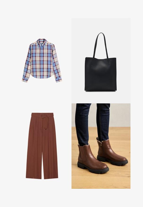 Langarmhemd mit einem mehrfarbigen Karomuster in Blau-, Burgunder- und Beigetönen, aus einem glatten Stoff. Klassischer Kragen.; Braune Weitbeinehosen aus Stoff, mit einem Gürtel mit eckiger Schnalle, gefältetem Design und glatter Textur.; Braune Leder-Stiefeletten mit einem Reißverschluss, strukturiertem Obermaterial, dicker schwarzer Gummisohle und weichem Fellfutter am Knöchel.; Schwarze Laptoptasche aus Leder mit glatter Textur, rechteckiger Form und zwei langen Griffen. Keine sichtbaren Beschläge oder Verzierungen.