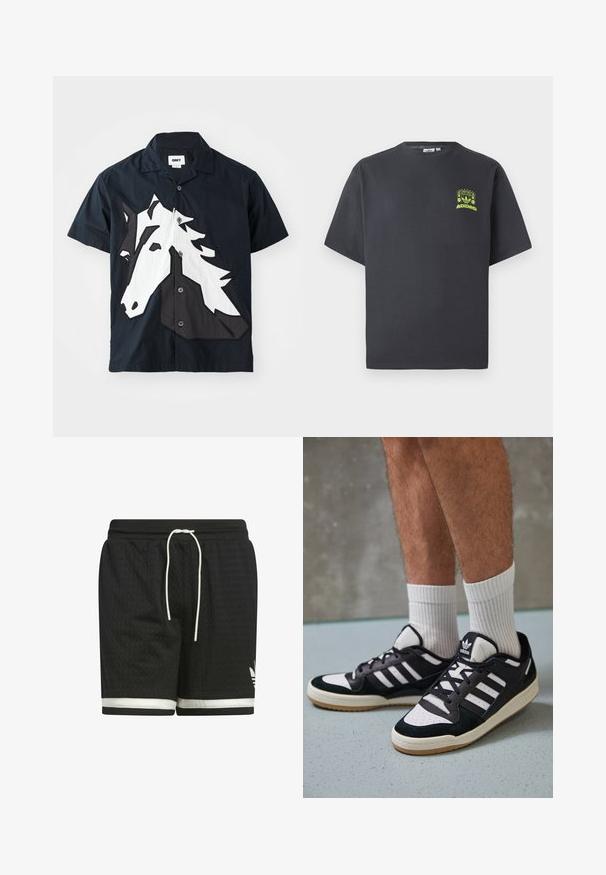 Kortärmad skjorta i mörk marinblått tyg med en vit och svart hästhuvud-applikation på framsidan, knäppning framtill och standardkrage.; Kolgrå Adidas T-shirt med korta ärmar och en liten neongrön grafik av högtalare, sol och Adidas-logotyp på vänster bröst.; Svarta sportshorts gjorda av texturerat meshmaterial. Har en vit dragsko och vit rand längs fållen. Adidas-logotyp i vitt.; Svartvita sneakers med ovandel i mocka och läder, med tre vita ränder, perforerad tå och sula av gummigummi.