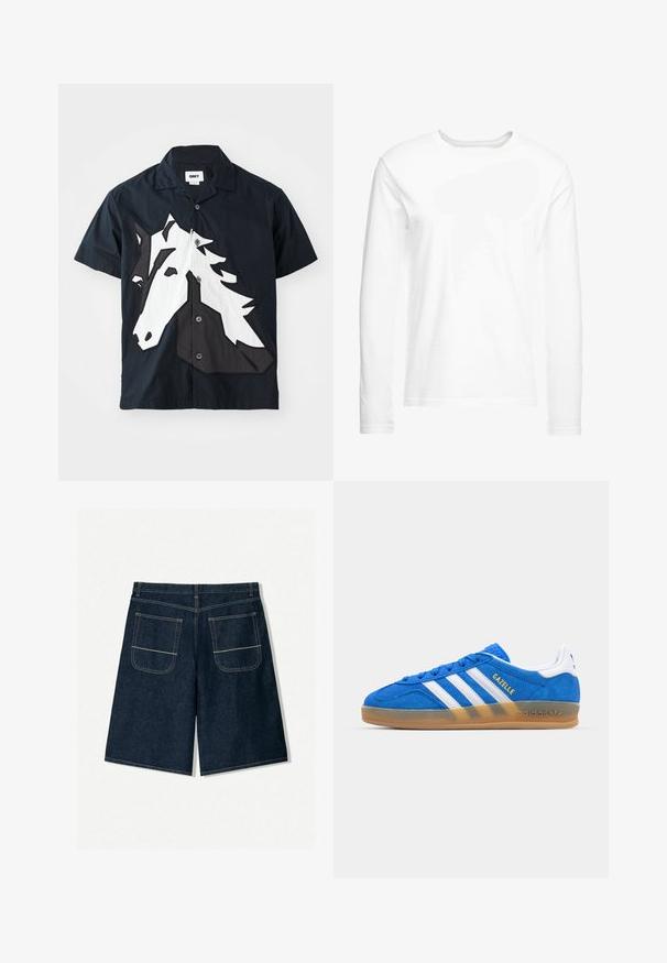 Korte mouwen shirt van donker marine stof met een wit en zwart paardenhoofdpatch op de voorkant, knoopsluiting en standaard kraag.; Langsleeve witte t-shirt gemaakt van zachte katoen. Ronde halslijn met rechte zoom en geen zichtbare patronen of graphics.; Donkerblauwe denim shorts met een losse pasvorm, voorzien van twee achterzakken met contrasterende stiksels. Rechte snit en knielange ontwerp.; Blauwe suède sneakers met witte strepen en het woord "Gazelle". Beschikt over een gumrubberen zool en textuuraccenten op de bovenkant. Klassiek ontwerp.