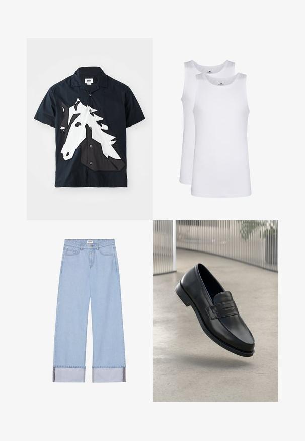 Rövid ujjas sötét tengerészkék anyagból készült ing, fehér és fekete lovasfej hímzéssel az elején, gombos záródással és klasszikus gallérral.; Fehér pamut ujjatlan trikók, kerek nyakkivágással, sima textúrával, puha, könnyű anyagból. Két darab kiemelve.; Világoskék, bő szárú farmernadrág, elhalványult denim anyagból. Gombos záródással, övhurkokkal és visszagörgetett szárakkal rendelkezik, amelyek kontrasztos belső szövettel bírnak.; Fekete bőr mokaszin sima felülettel, hegyes orral és dekoratív pánttal a lábfej fölött. Könnyű talp, letisztult dizájn.