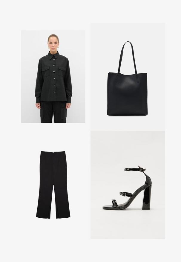 Černá košile na knoflíky s límečkem, dvěma náprsními kapsami a dlouhými rukávy, vyrobená z texturované látky. Knoflíky jsou tmavě modré.; Černé kalhoty s rovným střihem, s předními kapsami a bočními rozparky na lemu. Vyrobené z jemné, hladké tkaniny. Vhodné na různé příležitosti.; Černé lakované sandály na podpatku se čtveratou špičkou, lýtkovými pásky a stříbrnými přezkami. Disponují masivním blokovým podpatkem pro stabilitu.; Černá kožená taška přes rameno s hladkým povrchem, obdélníkovým tvarem a dvěma dlouhými uchy. Žádné viditelné kování ani ozdoby.