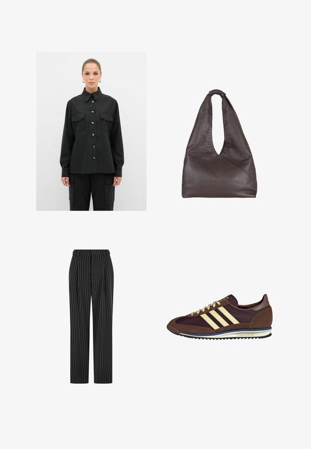 Sort skjorte med knapper, krave, to brystlommer og lange ærmer, lavet af et tekstureret stof. Knapperne er mørkeblå.; Sorte pinstripe bukser med høj talje, plisseret front og lige ben design. Stoffet ser struktureret ud og er skræddersyet til et formelt look.; Brune og bordeaux sneakers lavet af ruskind og mesh-materialer, med tre cremefarvede striber, tekstureret stof på tungen, og en gummisål.; Brun lædertaske med en slaskende, overdimensioneret design. Har et løkkegreb og en dyb V-formet åbning for nem adgang. Blød tekstur, minimalistisk stil.