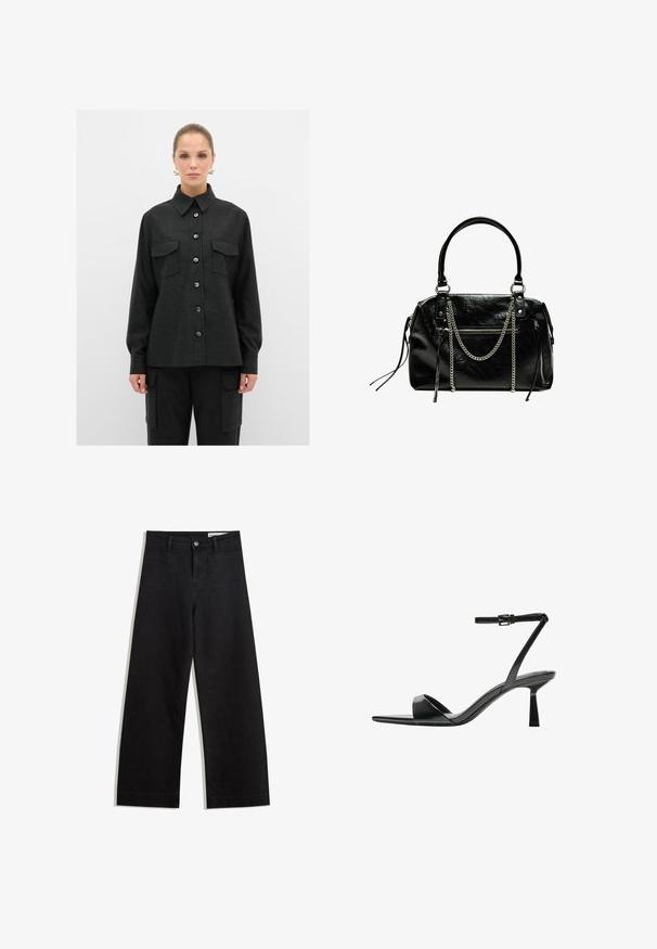Schwarze Button-up-Hemd mit Kragen, zwei Brusttaschen und langen Ärmeln, hergestellt aus einem strukturierten Stoff. Die Knöpfe sind dunkelblau.; Schwarze weit geschnittene Jeans mit hoher Taille, ausgestattet mit Vorder- und Hintertaschen, gesteppten Nähten und einem Knopfverschluss. Glatte Textur.; Bershka High Heel Sandalette - black; Bershka WITH CHAIN - Handtasche - black