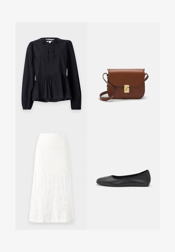 Black long-sleeve blouse with a round neckline and tie detail, featuring a flared peplum hem and slightly puffed sleeves. Smooth fabric texture.; Knit white midi skirt featuring a textured pattern with vertical lines and cut-out details near the hem. Elastic waistband. Soft material.; Black leather ballet flat with a rounded toe, smooth texture, minimal stitching detail, and a flexible sole design.; Brown leather handbag with a flap closure, gold-tone hardware, a shoulder strap, and a smooth texture. Compact rectangular shape.