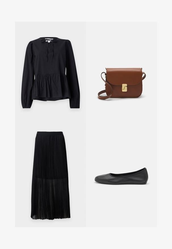 Čierna blúzka s dlhým rukávom a okrúhlym výstrihom, s detailom na viazanie, ktorá má rozšírený peplum lem a mierne nariasené rukávy. Hladká textúra látky.; Čierna plisovaná midi sukňa s hladkým, elastickým pásom a priesvitnou vrstvou, ktorá má jemné vertikálne plisovanie po celej textílii.; Čierne kožené baleríny s okrúhlou špičkou, hladkým povrchom, minimálnym prešívaním a flexibilným dizajnom podrážky.; Hnedá kožená kabelka s klopou, zlatými kovovými prvkami, ramenným popruhom a hladkým povrchom. Kompaktný obdĺžnikový tvar.