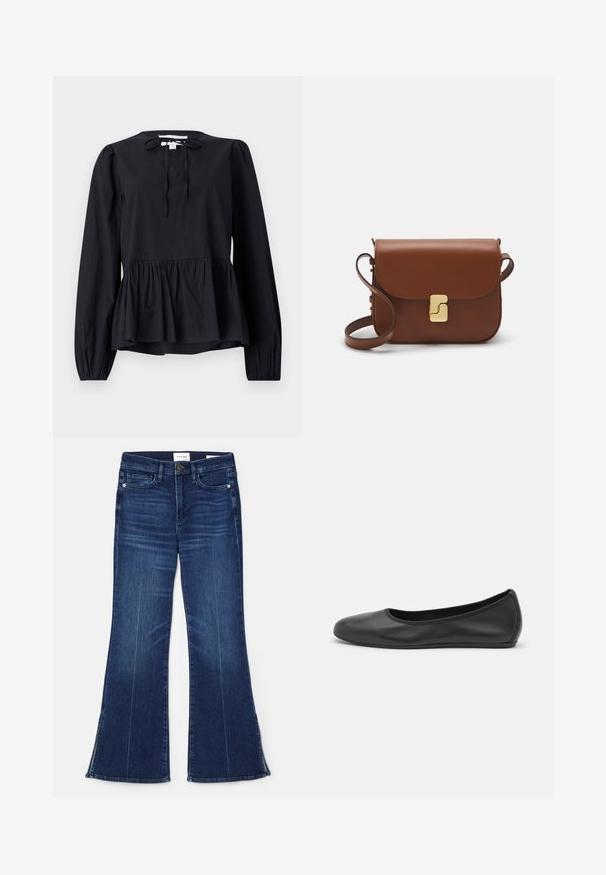 Bluză neagră cu mânecă lungă, guler rotund și detaliu cu fundă, având un tiv peplum evazat și mâneci ușor bufante. Textură de material neted.; Tricou alb cu mânecă scurtă, confectionat dintr-un material texturat. Gât rotund, tăietură regulară și detalii subtile de cusătură. Fără modele sau grafice.; Jeans evazate de culoare albastră închisă, fabricate din denim. Prezintă o talie înaltă, buzunare frontale și detalii cu fante la tiv. Design clasic cu cinci buzunare.; Balerini din piele neagră, cu vârf rotund, textură netedă, detalii de cusătură minimale și un design al tălpii flexibil.; Geantă de piele maro cu închidere tip capac, accesorii de culoare aurie, curea de umăr și o textură netedă. Formă compactă și rectangulară.