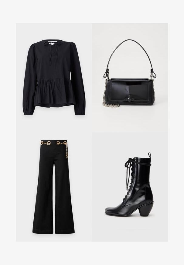 Blusa nera a maniche lunghe con scollatura rotonda e dettaglio con fiocco, caratterizzata da un orlo a peplo svasato e maniche leggermente a sbuffo. Tessuto dalla superficie liscia.; Pantaloni neri a gamba larga realizzati in cotone, con elementi circolari in metallo dorato e un dettaglio a catena sulla vita. Texture liscia, taglio pulito.; Stivali alla caviglia in pelle nera con punta quadrata, design a lacci frontali e tacco chunky svasato. Texture liscia e finitura elegante.; Borsa a tracolla in vernice nera con forma rettangolare, tracolla a catena e un distintivo accessorio in metallo al centro. Texture liscia.