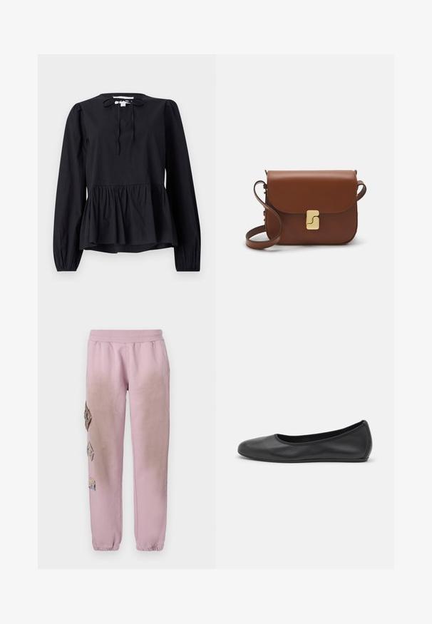 Sort langærmet bluse med rund halsudskæring og bindedetalje, med en udvidet peplumkant og let puffede ærmer. Glat stoftekstur.; Lyserøde sweatpants med elastisk talje, prydet med dekorative patches i diamantform på venstre side og elastiske manchetter ved anklerne.; Sort læderballetsko med rund tå, glat tekstur, minimal syning og et fleksibelt såldesign.; Brun læder håndtaske med flaplukning, hardware i gyldent tone, en skulderrem og en glat overflade. Kompakt rektangulær form.