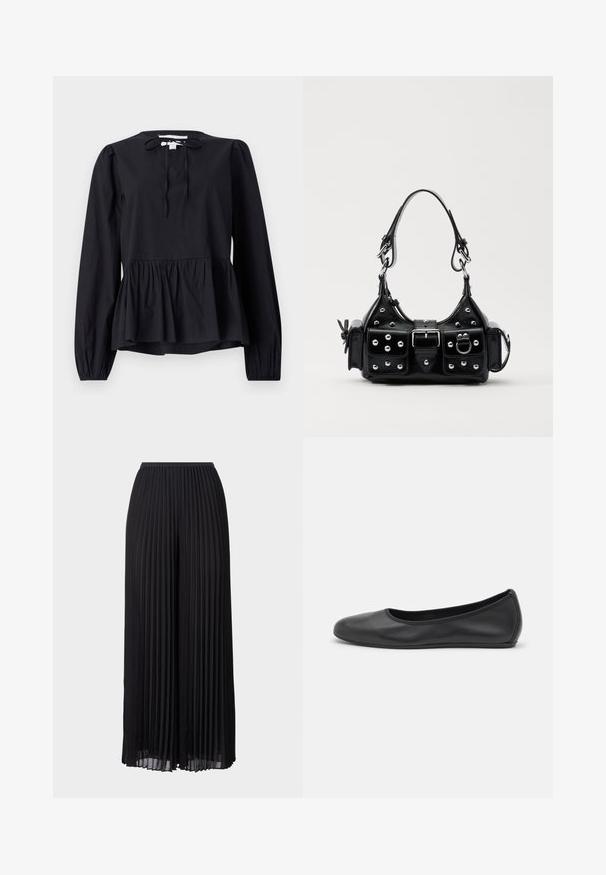Mustat pitkähihainen paita, jossa on pyöreä pääntie ja nauhasomistus. Paidan helma on liehuva peplum-mallinen ja hihoissa on hieman puffia. Kankaan pinta on sileä.; Mustat, laskostetut, leveälahkeiset housut, joissa on elastinen vyötärö. Valmistettu kevyestä kankaasta, jossa on pystysuorat laskokset kauttaaltaan.; Musta nahkainen ballerina, jossa on pyöristetty kärki, sileä pinta, minimaalinen ommelkoristelu ja joustava pohjamuotoilu.; Musta nahkainen käsilaukku, jossa on kaareva muotoilu, hopeiset niitit, solki ja kaksi sivutaskua. Säädettävä olkahihna erilaisiin kantovaihtoehtoihin.