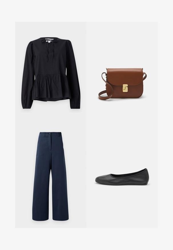 Black long-sleeve blouse with a round neckline and tie detail, featuring a flared peplum hem and slightly puffed sleeves. Smooth fabric texture.; Navy wide-leg trousers made of smooth fabric, featuring a high waist with two front buttons, two side pockets, and straight hems.; Black leather ballet flat with a rounded toe, smooth texture, minimal stitching detail, and a flexible sole design.; Brown leather handbag with a flap closure, gold-tone hardware, a shoulder strap, and a smooth texture. Compact rectangular shape.