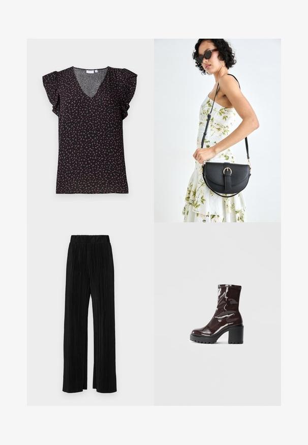 Fekete, rövid ujjú blúz V-nyakkal és fodros ujjal, rózsaszín és zöld virágmintával díszítve, textúrált anyagon.; Fekete pliszírozott nadrág gumis derekkal. Széles lábakkal rendelkezik, sima, texturált anyagból készült, függőleges csíkokkal.; Fényes bordó bokacsizma vastag fekete sarokkal, sima felülettel és egyszerű dizájnnal. Nincsenek látható zárak vagy minták.; Fekete bőrtáska ívelt formával, levehető pánttal és arany színű fémrészekkel. A táskán egy csattal díszített fedél található.