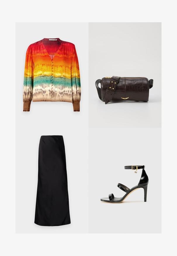 Kolorowa bluzka z gradientowym wzorem przechodzącym od czerwonego przez pomarańczowy do turkusowego, z dekoltem w serek, zapięciem na guziki z przodu oraz ozdobnymi mankietami.; Norma Kamali - Długa spódnica; Czarne lakierowane sandały na paski z trzema paskami, zapięciem na kostce i 10-centymetrowym obcasem w szpilce. Zawierają złote detale oraz zawieszkę z logo.; Brązowa torba ze skóry z tłoczeniem krokodyla w kształcie cylindrycznym, z metalowymi elementami w kolorze złotym oraz odczepianym paskiem z ćwiekami.