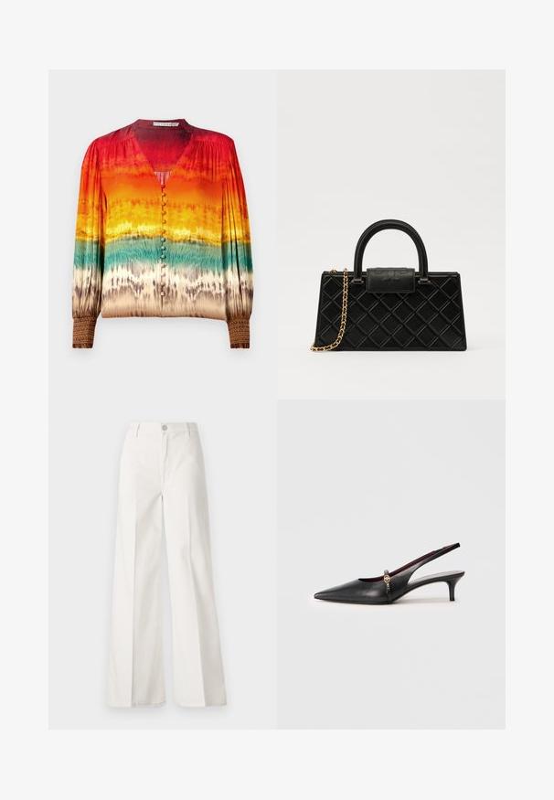 Farebná blúzka s gradient vzorom od červenej po oranžovú a teal, s výstrihom do V, gombíkovým zapínaním a podrobnými manžetami.; Biele široké nohavice vyrobené z bavlny s hladkou textúrou. Obsahujú predný gombík, zips a dizajn so štyrmi vreckami.; Čierne kožené slingback podpätky s špicatou špičkou, tenkým podpätkom a zlatým detailom pri remienku okolo členku. Hladká textura a jednoduchý dizajn.; Čierna kabelka vyrobená z textúrovanej kože, s diamantovým vzorom, zlatohnedým reťazovým popruhom a hornou rukoväťou s klopou so zlateným logom.
