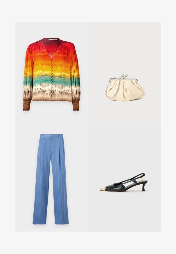 Krāsains blūze ar gradienta rakstu no sarkanas uz oranžu un zaļu, ar v-veida kaklu, pogu priekšpusi un detaļām uz piedurknēm.; Gaiši zili platajā kāja bikses ar vertikālām balta līnijām. Izgatavotas no gluda materiāla, ar priekšējo kroku un vienkāršu jostas dizainu.; Melnas ādas sandales ar noslēgtu purngalu un zeltainu metāla uzgali. Iezīmējas ar izgriezumu dizainu un slaidu papēdi ar regulējamu siksnu.; Rūpīgi pleatota bežīga ādas somiņa ar sudraba metāla rāmi, kurai ir divas apaļas dekoratīvas sprādzes un sudraba ķēdes siksna.