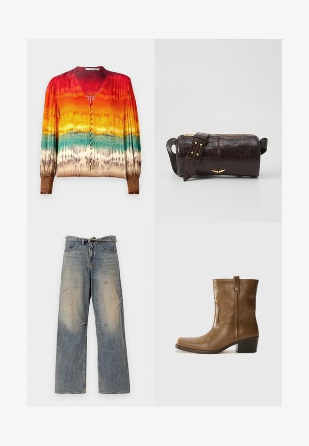 Farebná blúzka s gradient vzorom od červenej po oranžovú a teal, s výstrihom do V, gombíkovým zapínaním a podrobnými manžetami.; Svetlo modré džínsy s voľným strihom a rovnými nohavicami. Obsahujú efekt opotrebovania, vyblednutie a poškodené detaily pri kolenách. Klasický strih s piatimi vreckami.; Hnedé kožené členkové topánky so štvorcovou špičkou, textúrovaným povrchom a nízkym vrstveným podpätkom. Obsahujú zadný úchyt a diskrétne prešívanie.; Hnedá taška z kože s embosovaným vzorom krokodíla, cylindrického tvaru, so zlatými hardvérovými doplnkami a odnímateľným popruhom so štítkami.