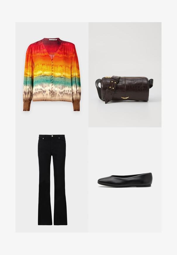 Blusa colorida com um padrão de gradiente que vai do vermelho ao laranja e ao teal, com decote em V, fecho com botões e punhos detalhados.; Calças pretas de ganga em corte flare, com dois bolsos frontais, fecho com botão e uma textura suave. Costura característica visível nas costuras.; Paul Smith TOPANGA - Sabrinas - black; Bolsa de couro com textura de crocodilo na cor marrom, com forma cilíndrica, metalizações em tom dourado e uma alça destacável com tachas.