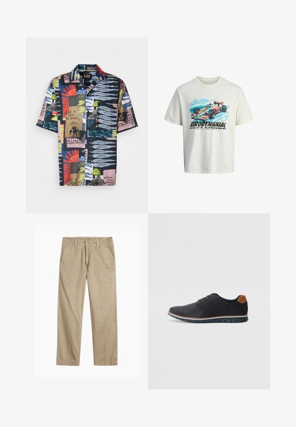 Rövid ujjú ing sötét tengerészkék alapszínben, élénk, absztrakt mintákkal vörös, zöld, rózsaszín és kék színekben. Az anyag könnyűnek és színesnek tűnik.; Fehér pamut póló, amelyen egy versenyautó grafikai nyomata látható kék és narancssárga részletekkel, valamint a "AERODYNAMICS" felirattal. Lazán illeszkedő fazon.; Beige egyenes szárú chino nadrág övhurkokkal, elülső gombos és cipzáras záródással, valamint ferde elülső zsebekkel.; Fekete szintetikus cipők, textúrált felsőrésszel, sima díszítésekkel, barna sarkával és kontrasztos talppal. Minimális fűzéssel és varrási részletekkel rendelkezik.