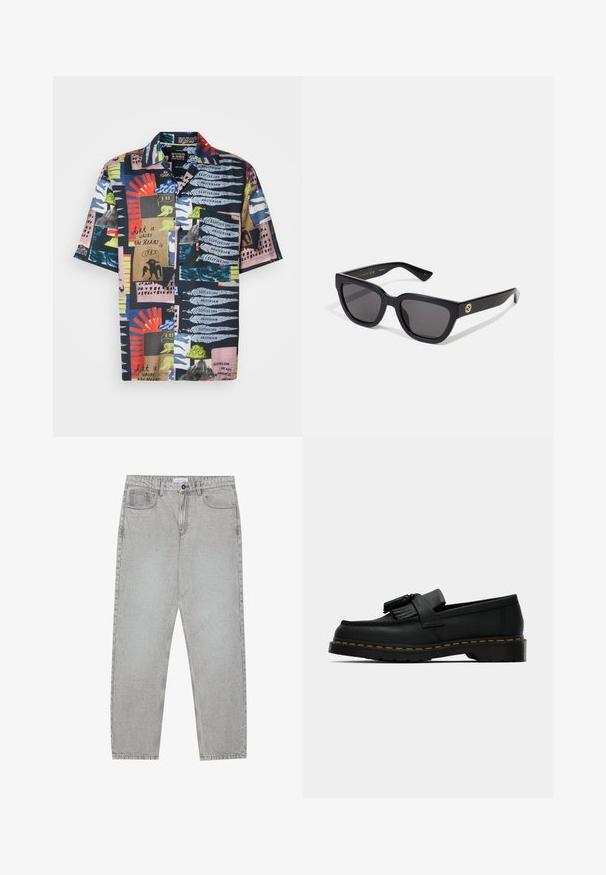 Cămașă cu mânecă scurtă, având o bază de un albastru marin închis și modele abstracte vibrante în roșu, verde, roz și albastru. Materialul pare ușor și colorat.; Tricou alb din bumbac cu mâneci scurte, decolteu rotund, croială lejeră și fără logo-uri sau modele vizibile. Textură netedă și design minimalist.; Pantaloni din denim gri deschis cu un design cu picioare drepte, stil cu cinci buzunare și închidere cu nasture. Cusături vizibile de-a lungul cusăturilor.; Mocasini negri din piele cu ciucuri, cusături galbene pe marginea tălpii și o talpă exterioară groasă, zimțată din cauciuc.; Ochelari de soare dreptunghiulari, negri, cu un finisaj lucios, lentile întunecate și detalii aurii pe tâmplă cu logo-ul.