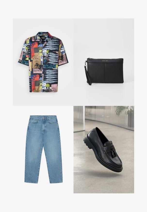 Short-sleeve shirt featuring a dark navy base with vibrant, abstract patterns in red, green, pink, and blue. Material appears lightweight and colorful.; Light blue denim jeans with a straight-leg cut, five-pocket design, and a slightly faded texture. Features a button and zipper closure.; Black leather loafers with a smooth finish, decorative tassel, thick rubber sole, and stitched accents. Lightweight and sleek design.; Black synthetic clutch with a zip closure, wrist strap, and a smooth texture. Features subtle stitching and a logo embossed on the front.