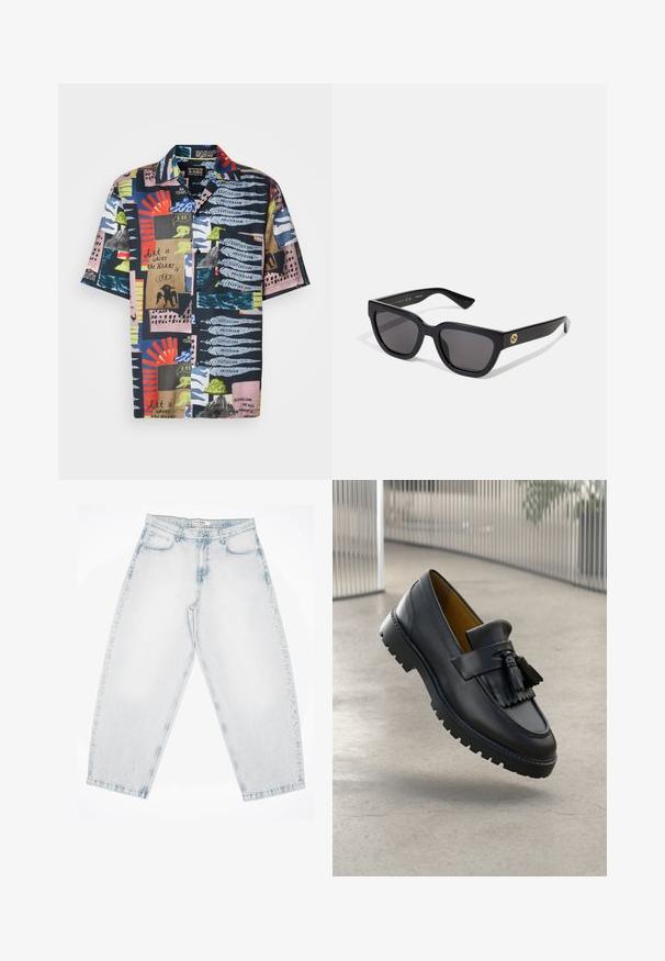 Short-sleeve shirt featuring a dark navy base with vibrant, abstract patterns in red, green, pink, and blue. Material appears lightweight and colorful.; Light blue denim jeans with a loose, baggy fit. Features five pockets, button closure, and stitched detailing. Faded texture and straight legs.; Black leather loafer with tassel detail, smooth finish, and rubber sole with traction grooves. Interior lined in contrasting brown.; Black rectangular sunglasses with a glossy finish, dark lenses, and gold hardware accent on the temple featuring the logo.
