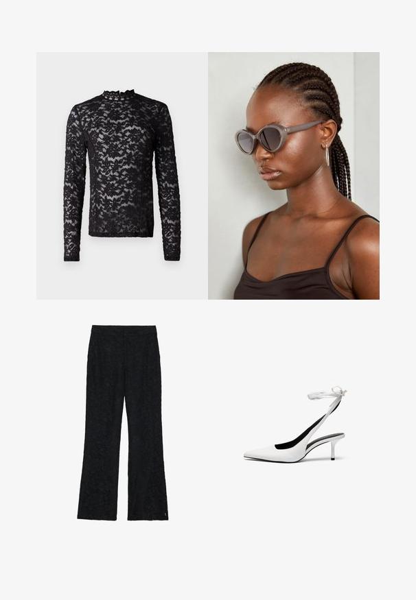 Juodas ilgas rankovės permatomas nėrinių viršus su gėlių raštu ir aukštu kaklu, turintis mažą volanėlę.; Juodos nėriniuotos kelnės su platėjančiu dizainu, papuoštos gėlių raštu per visą audinį. Slydus paviršius, gerai priglundanti juosmens linija.; Balti smaili ovalo pirštai su banguota atvira užsegimo juosta. Lygi odinė medžiaga, plonas stiletto kulnas ir juodas vidinis pamušalas.; Pilki per dideli akiniai suapvalinta forma ir tamsiais lęšiais. Išskirtinės plastikinės rėmo formos glotnus paviršius. Modelis turi nertas plaukus.