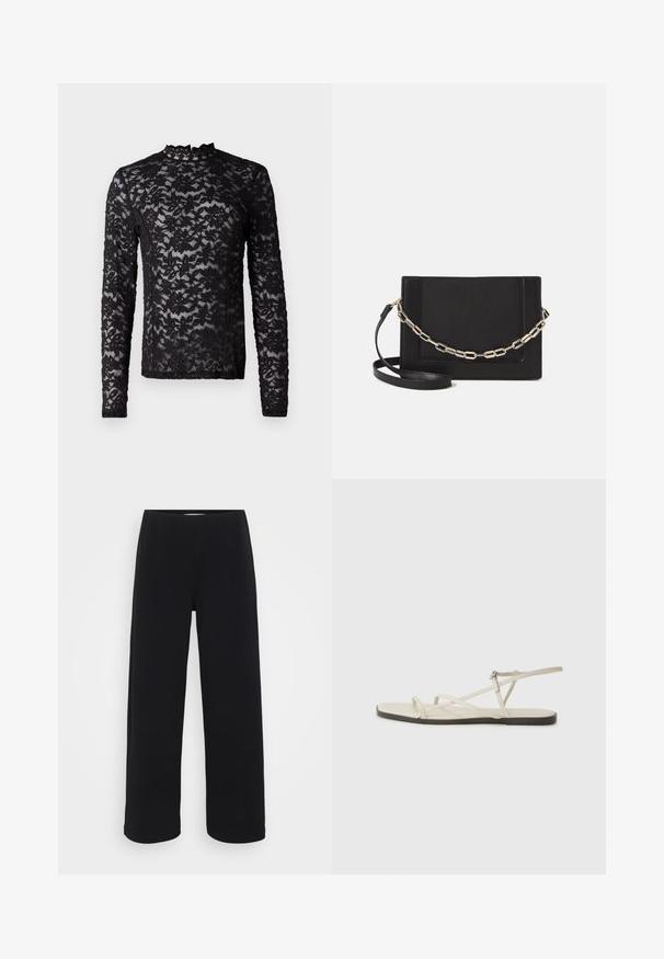 Črna dolgorolna prozorna čipkasta majica z cvetličnim vzorcem in visokim ovratnikom, ki ima majhen valovit rob.; Črne široke hlače s elastičnim pasom. Narejene iz teksturiranega materiala, se ponašajo z ohlapnim krojem in ravnim rezom od kolkov do roba.; Beige ravne sandale z več tankimi trakovi in nastavljivim zaponcem. Podplat je raven z rahlo temnim kontrastom na robu.; Črna usnjena torba čez ramo z gladko teksturo, pravokotno obliko in kovinskim verižnim detajlom spredaj. Vključena je nastavljiva naramnica.
