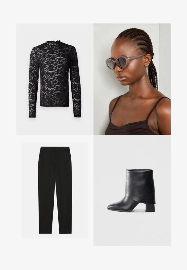 Black long-sleeve sheer lace top with floral pattern and a high neckline featuring a small ruffle trim.; Black trousers with a tailored design, featuring side pockets and a straight leg. Made from smooth, lightweight fabric with a sleek finish.; Black leather ankle boot with a pointed toe, smooth texture, and a structured block heel. Features a high, folded cuff design.; Gray oversized sunglasses with a rounded shape and dark lenses. Sleek plastic frame with a smooth finish. Model has braided hair.