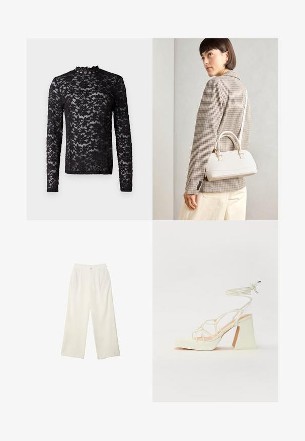 Crna dugačka majica s dugim rukavima od prozirne čipke s cvjetnim uzorkom i visokim izrezom koji uključuje mali volan.; Hlače širokih nogavica od kremaste tkanine s glatkom teksturom, s jednim prednjim gumbom, suptilnim plitvicama i visokim strukom.; Bijela sandala na visokoj potpetici s debelim petom, s remenom i vezanjem oko gležnja. Glatka tekstura s platformom sprijeda za dodatnu visinu.; Bijela strukturna torba s kratkim ručkama i remenom za rame, s zlatnim metalnim detaljima i teksturiranim materijalom, prikazana na sivoj pozadini.