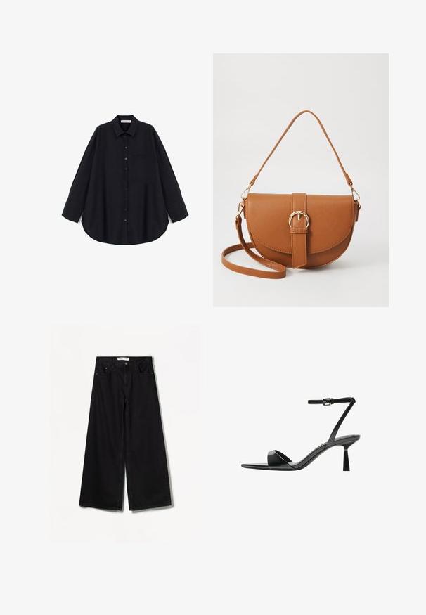 Black button-up shirt made of a textured fabric. Features a pointed collar, long sleeves, a chest pocket, and a curved hem.; Bershka WIDE-LEG - Wide Leg - black; Bershka High heeled sandals - black; Brown leather crossbody bag with a curved shape, gold hardware, and a buckle accent. Features a detachable shoulder strap.