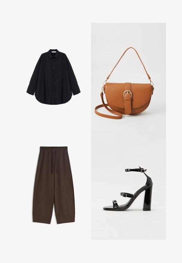 Black button-up shirt made of a textured fabric. Features a pointed collar, long sleeves, a chest pocket, and a curved hem.; Brown wide-legged pants made of soft fabric, featuring an elastic waistband and drawstring, with a smooth texture and clean design.; Black patent high-heeled sandals with two buckle straps, square toe, and a chunky block heel, featuring a smooth, glossy texture.; Brown leather crossbody bag with a curved shape, gold hardware, and a buckle accent. Features a detachable shoulder strap.