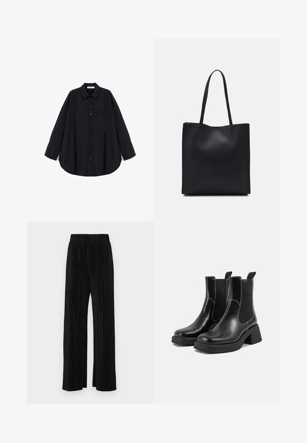 Zwarte button-up shirt van een textuurstof. Heeft een puntige kraag, lange mouwen, een borstzak en een gebogen zoom.; Zwarte geplooide broek met een elastische tailleband. Beschikt over wijde pijpen en een glad, gestructureerd stof met verticale strepen.; Zwarte leren Chelsea-boots met een chunky hak, elastische zijpanelen en contrasterende witte stiksels. Gestructureerde afwerking.; Zwarte leren handtas met een gladde textuur, rechthoekige vorm en twee lange handvaten. Geen zichtbare hardware of versieringen.