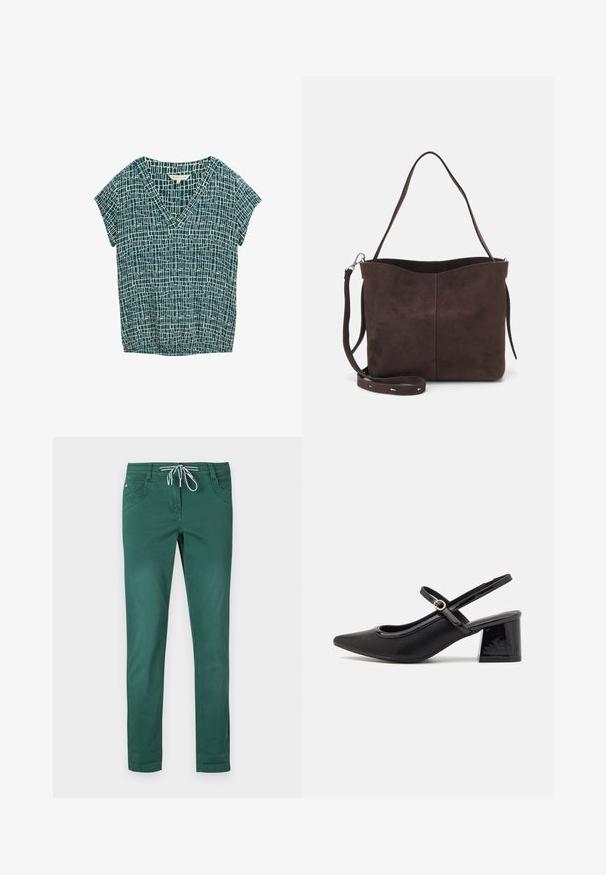 Short-sleeve top with a V-neck, featuring a teal and white grid pattern. Made of lightweight fabric with a relaxed fit.; Green cotton blend trousers with a straight-leg design, drawstring waistband, and two front pockets. Smooth texture and no patterns.; Black patent leather slingback heels with a pointed toe, a rounded cutout design, and a block heel. Features a gold-tone buckle accent.; Brown suede tote bag with a soft texture, featuring a single shoulder strap and a subtle curved top opening. No visible hardware details.